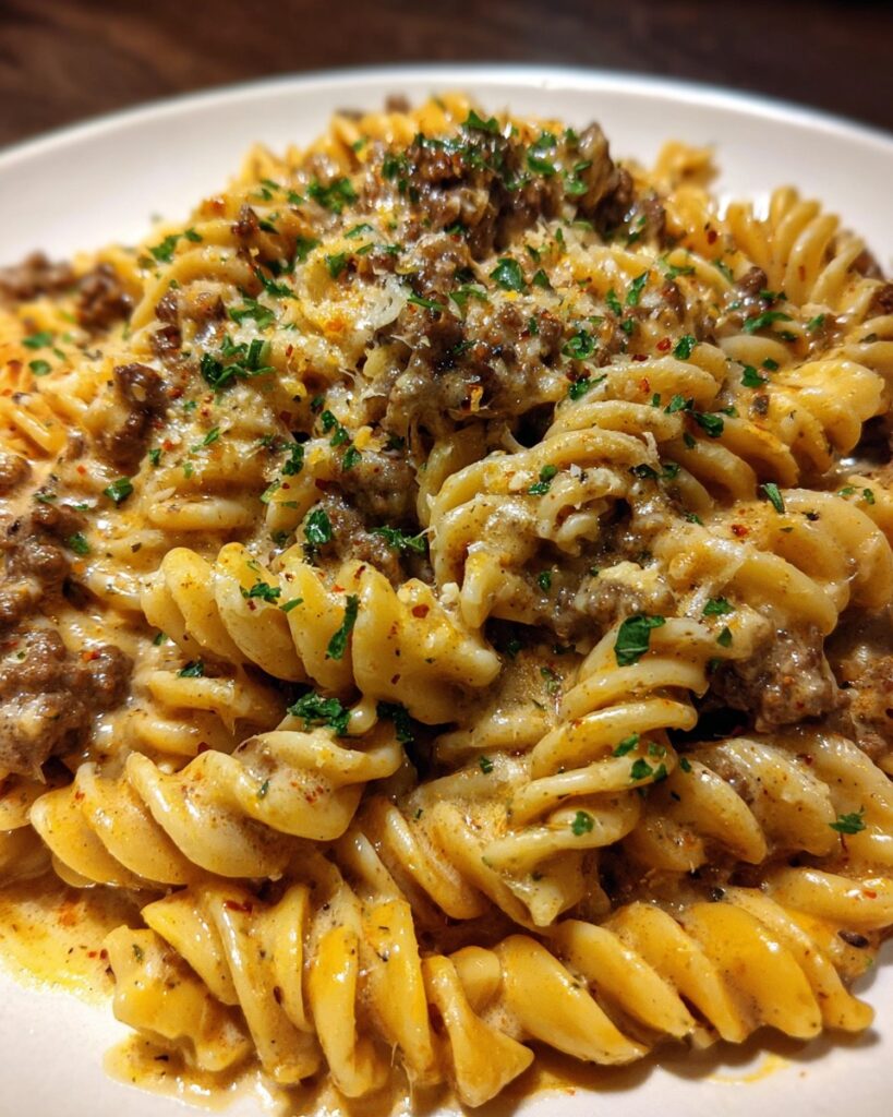 Cheesy Rotini Pasta with Garlic Butter Sauce and Ground Beef