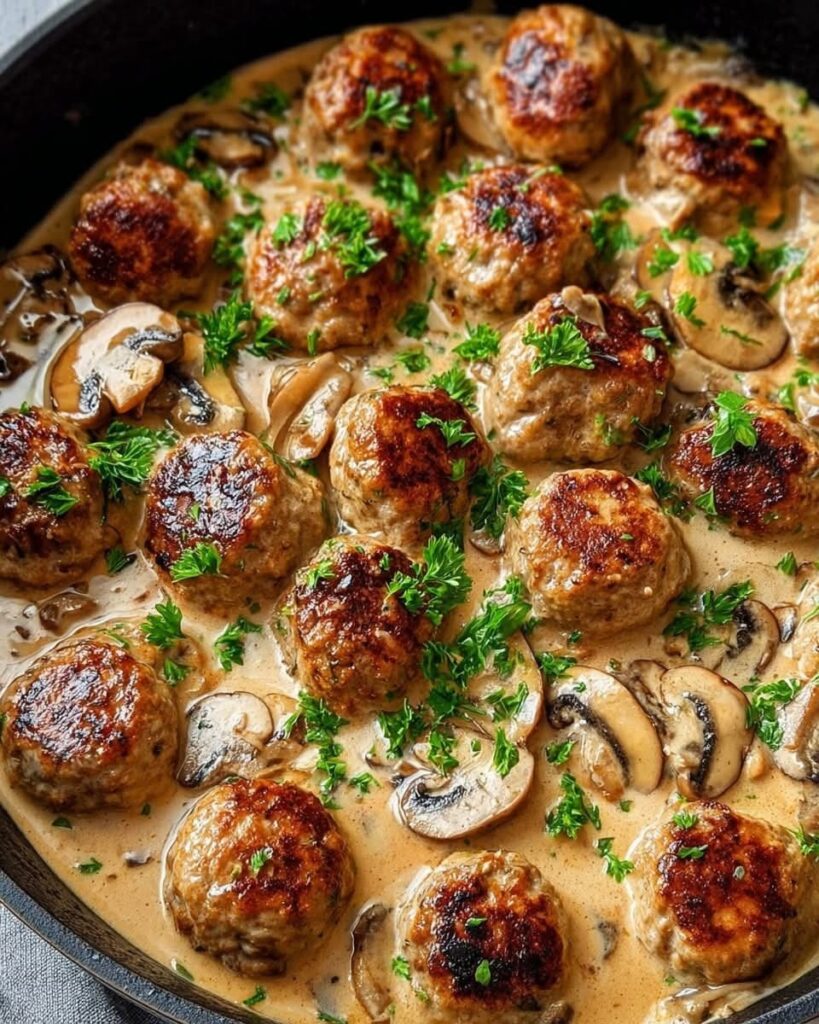 Creamy Mushroom Meatballs Skillet
