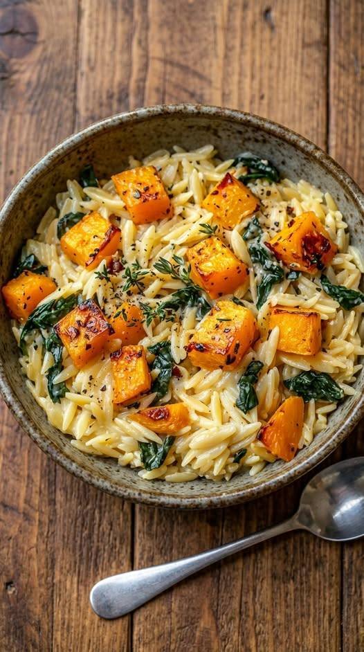 Creamy Orzo with Roasted Butternut Squash and Spinach