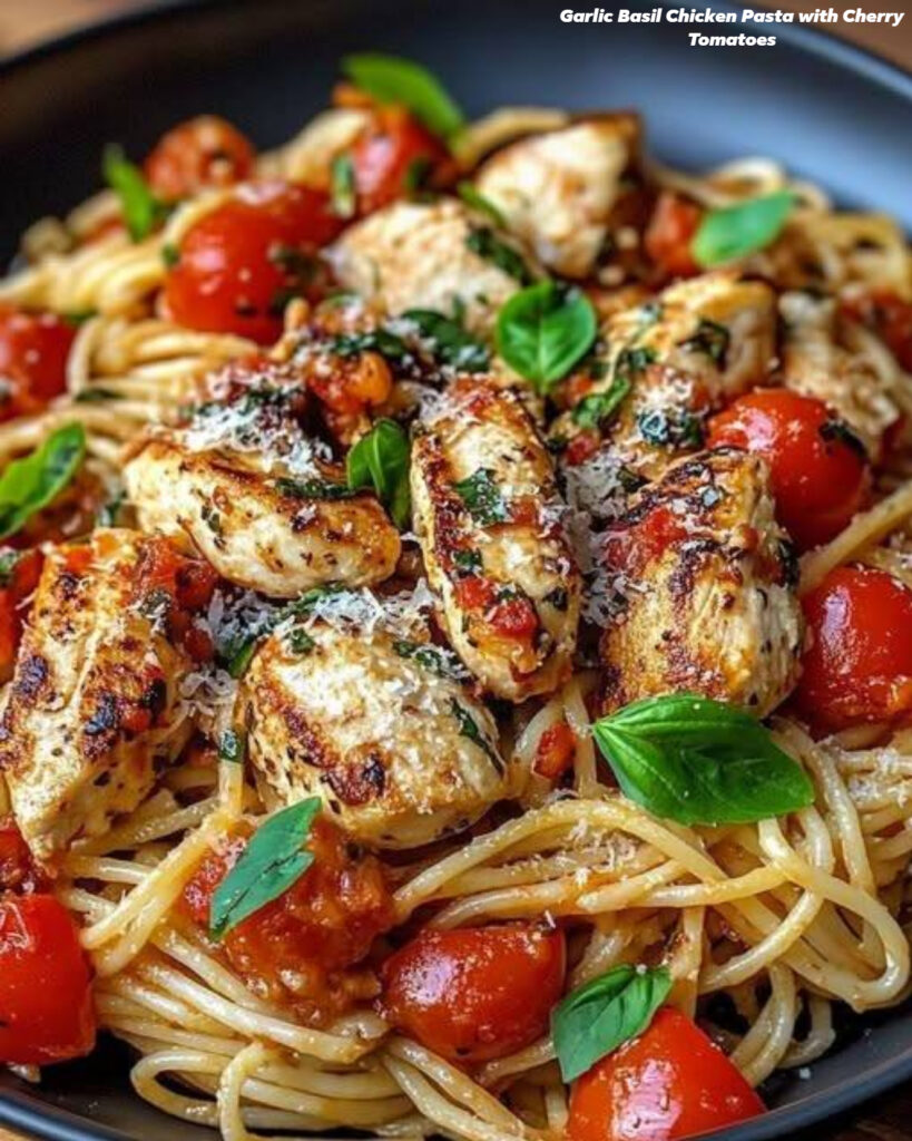 Garlic Basil Chicken Pasta with Cherry Tomatoes