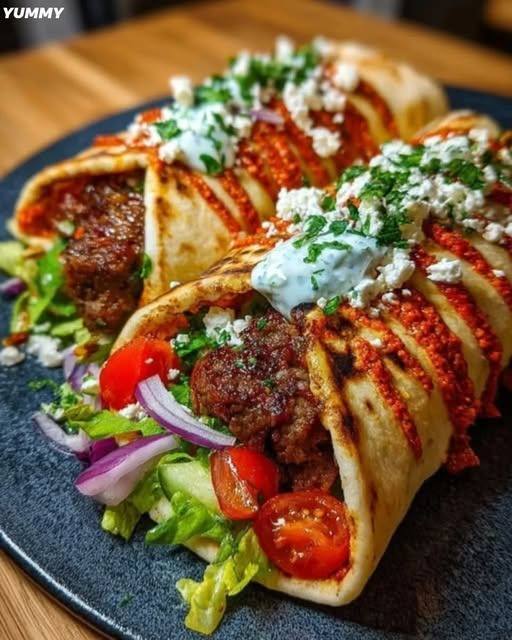 Greek Beef Wraps with Roasted Red Pepper Sauce