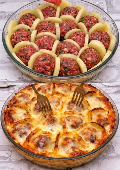 Air Fryer Cheesy Meatball & Potato Bake