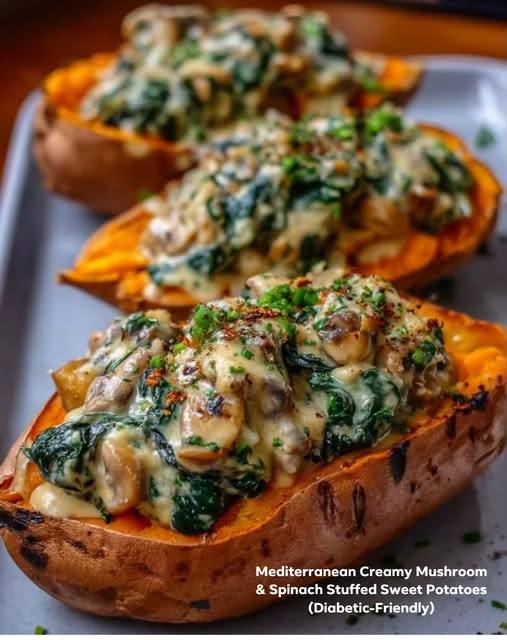 Mediterranean Creamy Mushroom & Spinach Stuffed Sweet Potatoes
