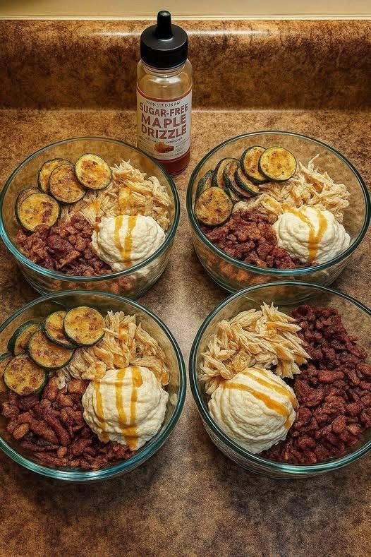 Protein Bowls with Zucchini Rounds, Shredded Chicken, Whipped Ricotta & Crispy Turkey Bacon
