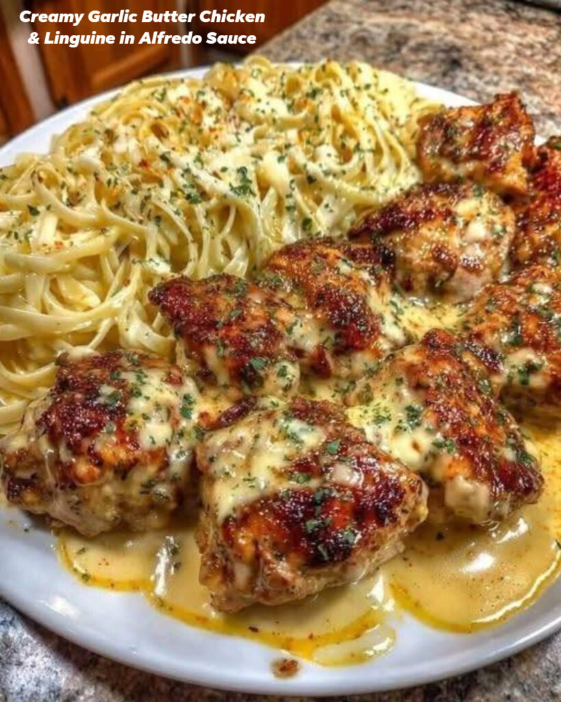 Creamy Garlic Butter Chicken & Linguine in Alfredo Sauce