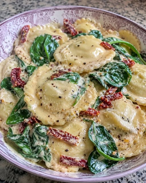 Vegan Tuscan-Inspired Creamy Ravioli with Spinach & Sun-Dried Tomatoes