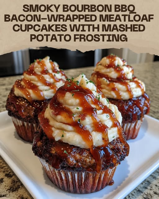 Smoky Bourbon BBQ Bacon-Wrapped Meatloaf Cupcakes with Mashed Potato Frosting