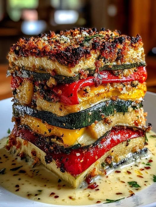 Layered Mediterranean Eggplant Zucchini Yellow & Red Bell Pepper Lasagna with Creamy Garlic Herb Three-Cheese Drizzle