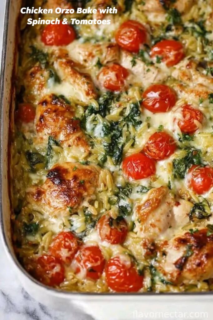 Chicken Orzo Bake with Spinach & Tomatoes