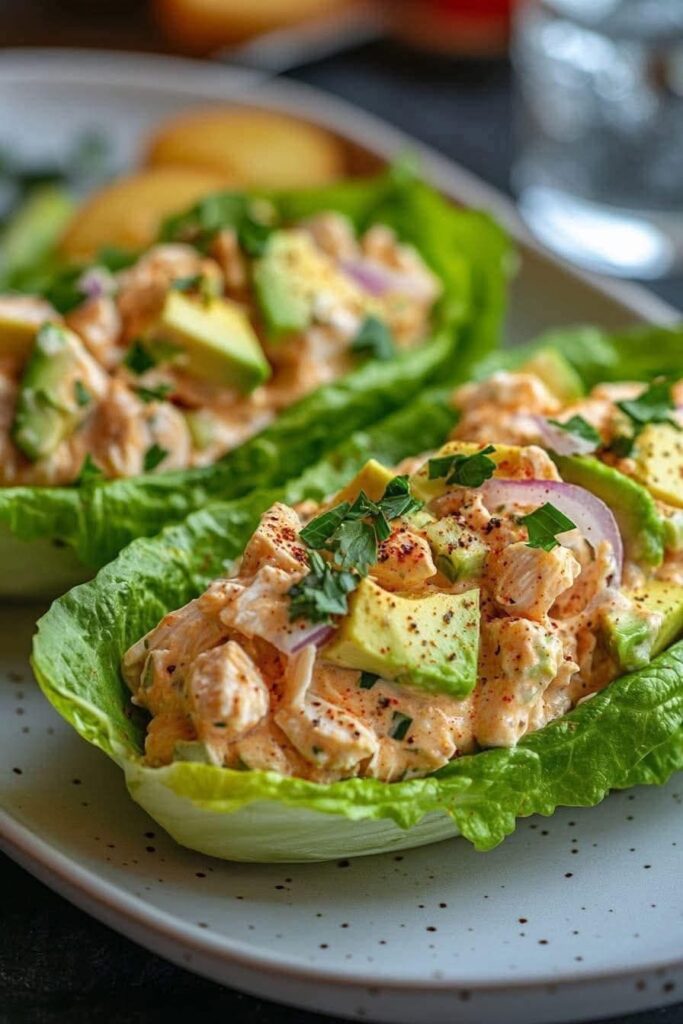 High-Protein Avocado Ranch Chicken Salad Lettuce Wraps