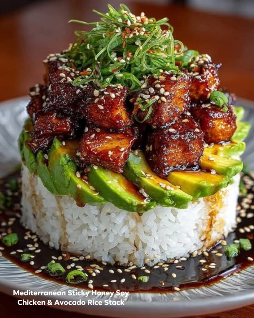 Mediterranean Sticky Honey Soy Chicken & Avocado Rice Stack
