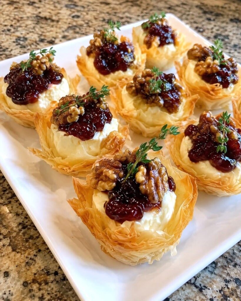 Mini Phyllo Cups with Vegan Brie, Pecans & Cranberry Drizzle