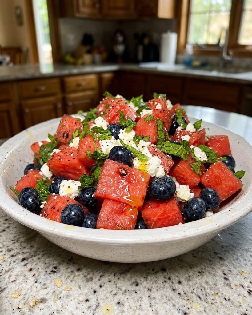 Vegan Watermelon, Vegan Feta & Blueberry Salad with Lemon Olive Oil