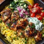 Golden Mediterranean Lemon Garlic Chicken Orzo Bowl with Dill Feta Cream