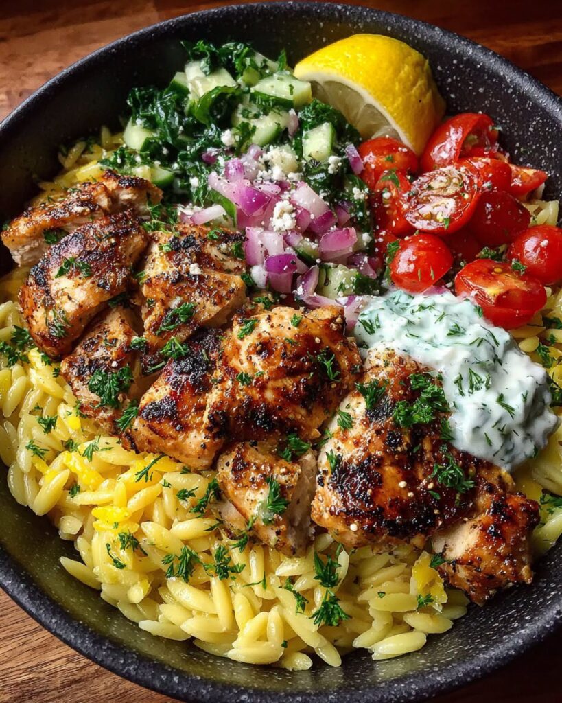 Golden Mediterranean Lemon Garlic Chicken Orzo Bowl with Dill Feta Cream