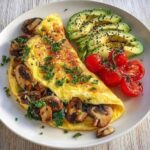 Low-Carb Mushroom & Spinach Omelette with Fresh Avocado and Cherry Tomatoes