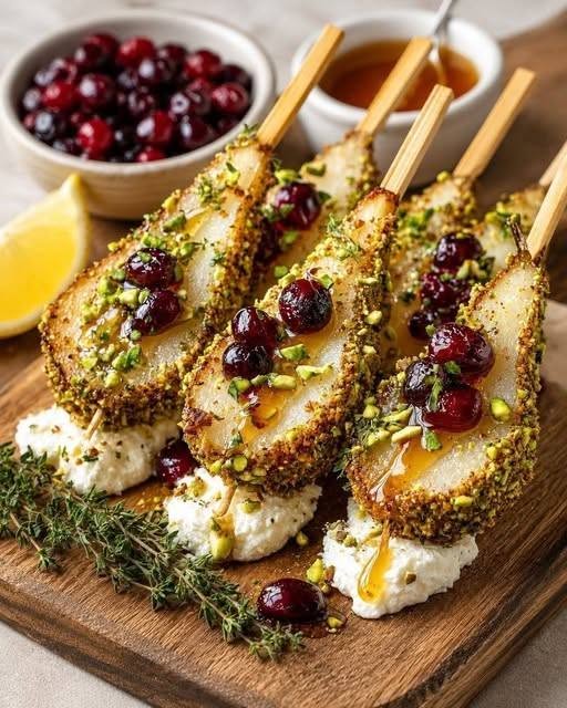 Pistachio-Crusted Pear Skewers with Whipped Brie & Cherry Honey
