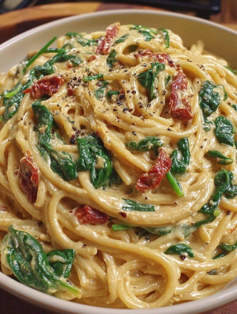 Vegan Spaghetti & Spinach with Sun-Dried Tomato Cream Sauce