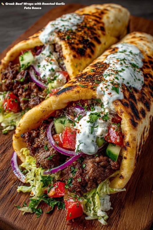 Greek Beef Wraps with Roasted Garlic Feta Sauce