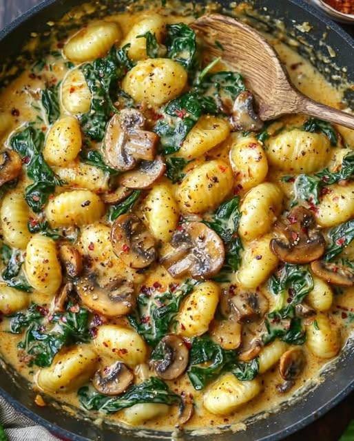 🍄🍀Creamy Vegan Mushroom & Spinach Gnocchi 🥬