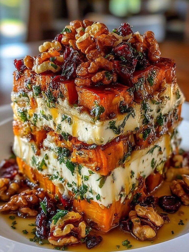 Layered Sweet Potato Butternut Squash Carrot Lasagna with Walnuts & Cranberry-Maple Glaze