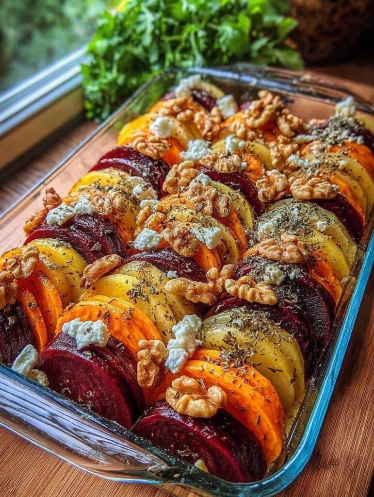 Mediterranean Layered Beet Sweet Potato & Feta Gratin