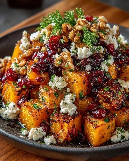 Caramelized Butternut Squash with Feta, Walnuts & Cranberry-Honey Glaze