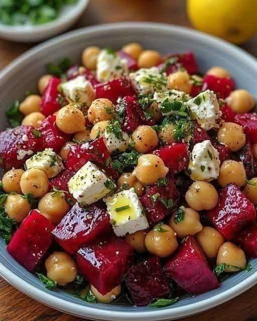 Chickpea, Beet & Feta Salad with Lemon-Garlic Vinaigrette