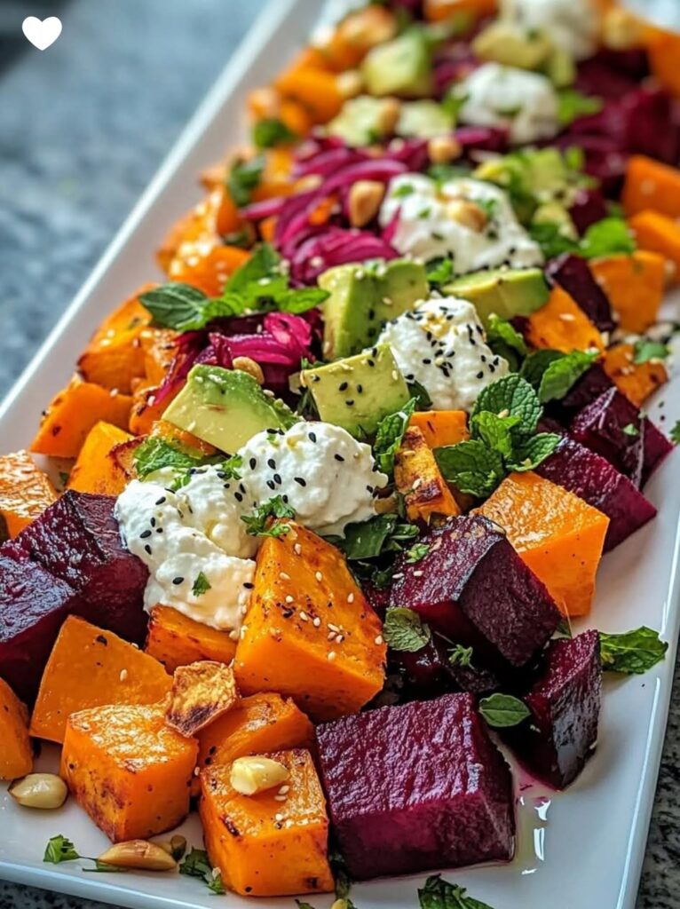 Mediterranean Roasted Beet & Sweet Potato Salad with Avocado & Whipped Feta