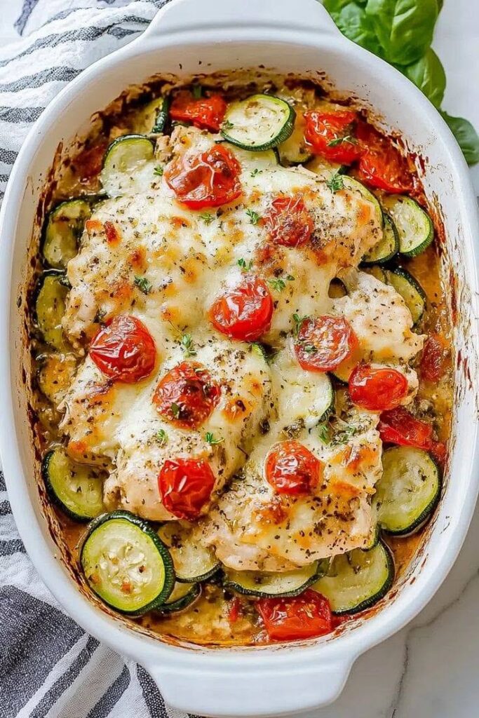 Baked Chicken with Zucchini, Tomatoes & Mozzarella