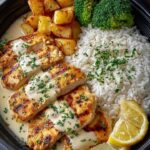Creamy Lemon Garlic Chicken with Rice & Roasted Potatoes