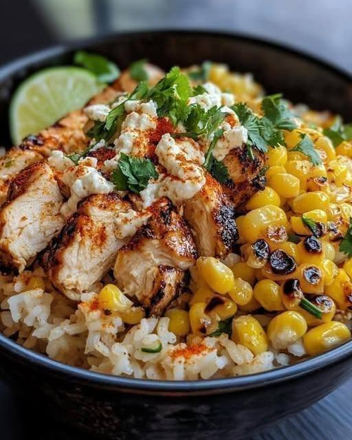 High-Protein Street Corn Chicken Rice Bowl