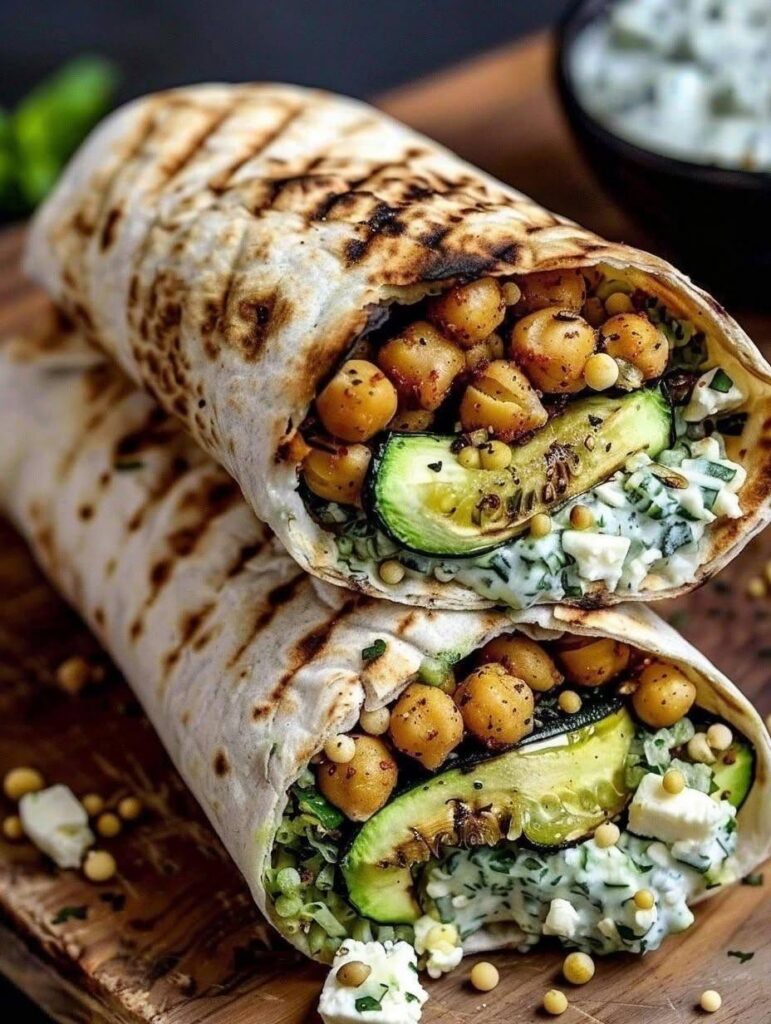 Grilled Zucchini and Chickpea Wrap with Herbed Vegan Yogurt