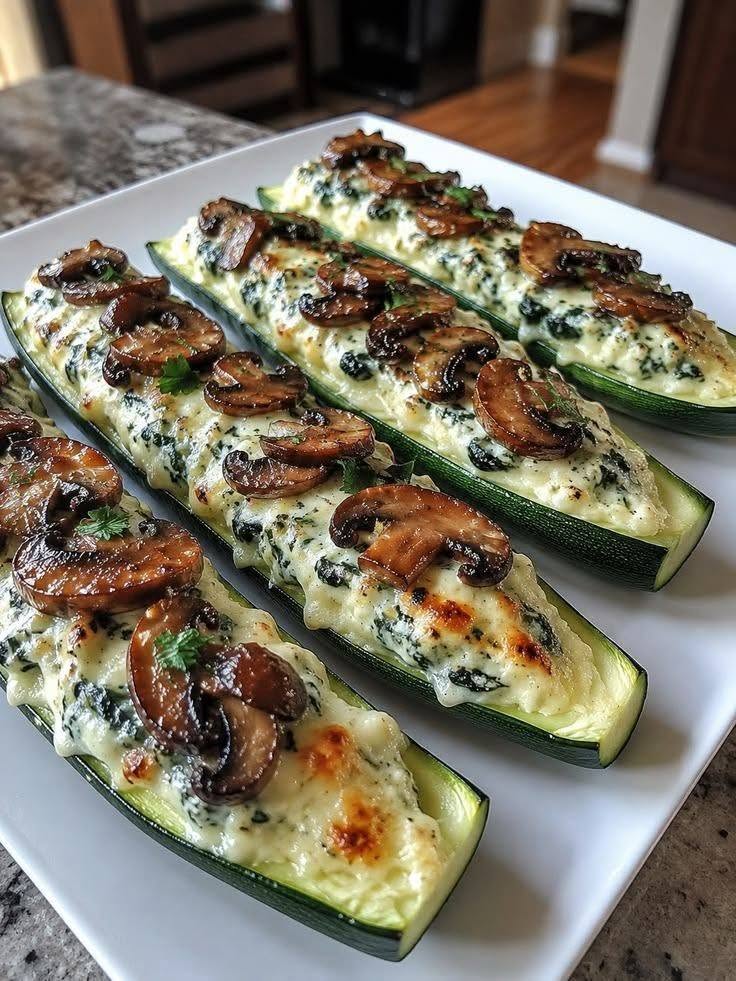 Vegan Spinach Mushroom and Ricotta Stuffed Zucchini Boats