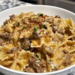 Creamy Parmesan Garlic Beef Bowtie Pasta