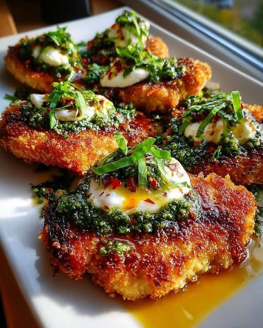 Diabetic Italian Basil Chicken Cutlets with Pesto & Burrata Topping