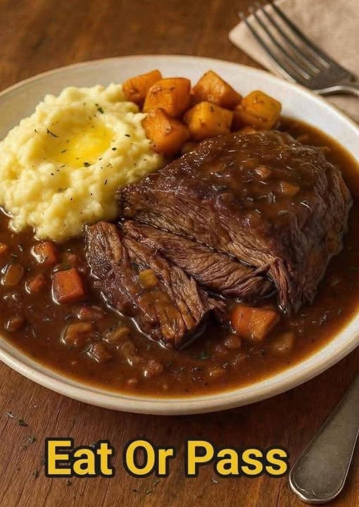 Slow-Cooked Pot Roast with Gravy Over Creamy Mashed Potatoes