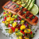 Diabetic Grilled Salmon Mango Rice Bowl