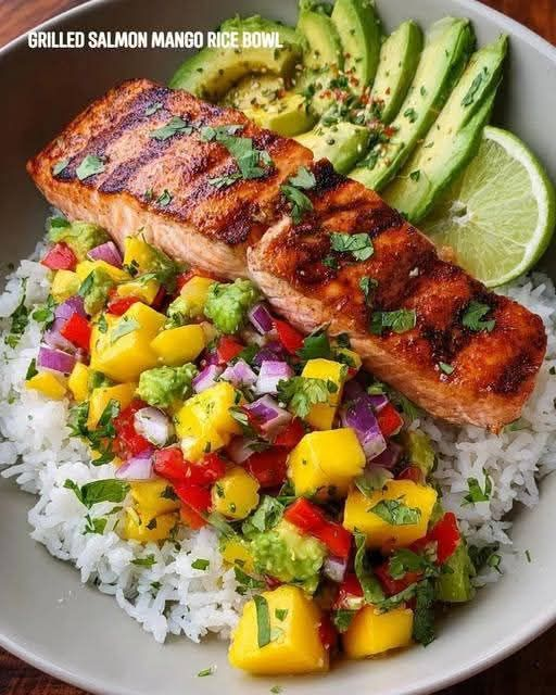 Diabetic Grilled Salmon Mango Rice Bowl