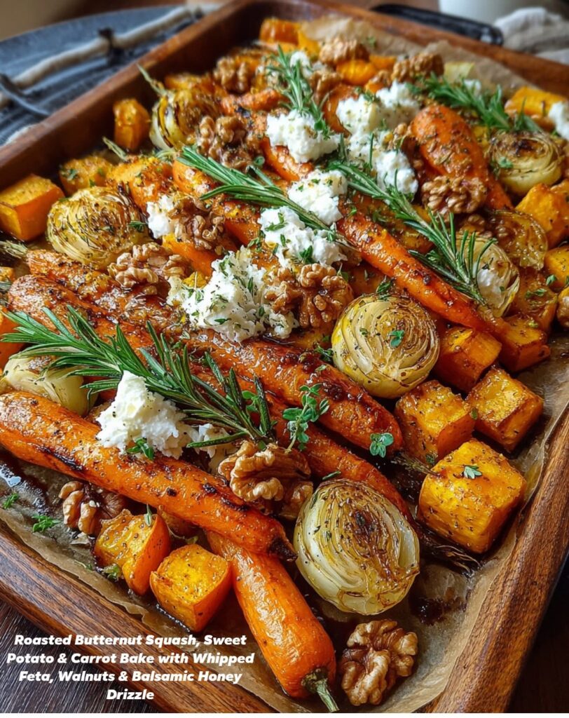 Healthy Roasted Sweet Potato, Carrot & Squash Bake with Balsamic Honey Drizzle
