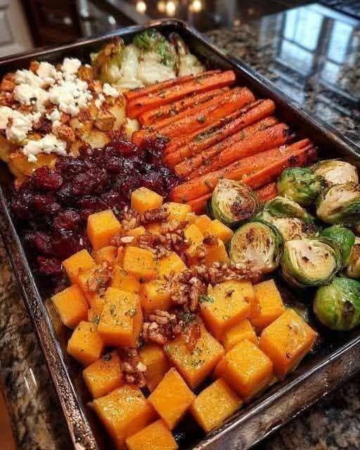 Caramelized Butternut Squash, Carrots, Brussels Sprouts & Sweet Potato with Feta, Walnuts & Cranberry-Honey Glaze