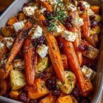 Roasted Carrot, Pumpkin & Sweet Potato Bake with Feta and Maple Cranberry Drizzle
