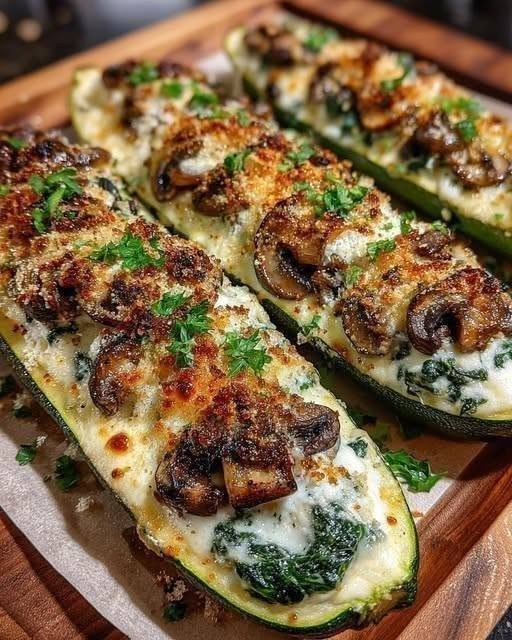 High-Protein Spinach and Mushroom Stuffed Zucchini Boats (Easy Low-Carb Dinner)