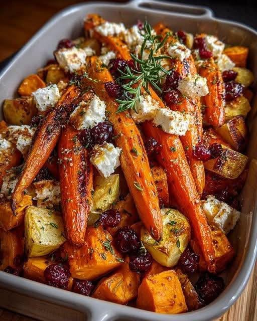 Roasted Carrot, Pumpkin & Sweet Potato Bake with Feta and Maple Cranberry Drizzle