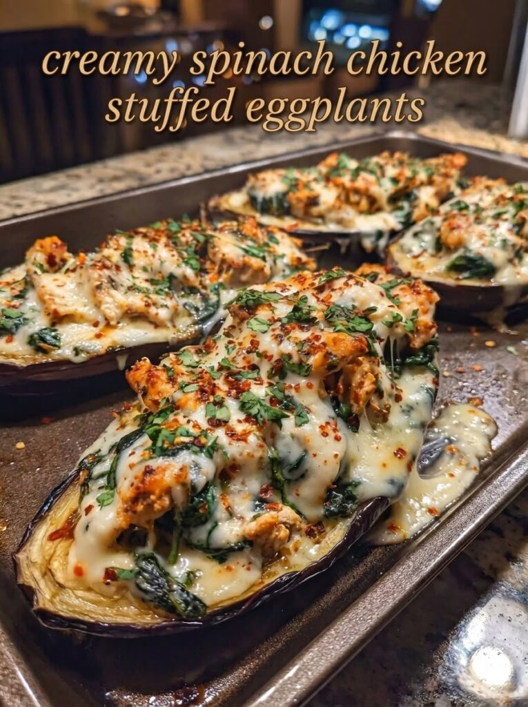 Low-Carb Creamy Chicken and Spinach Stuffed Eggplants | High-Protein Recipe