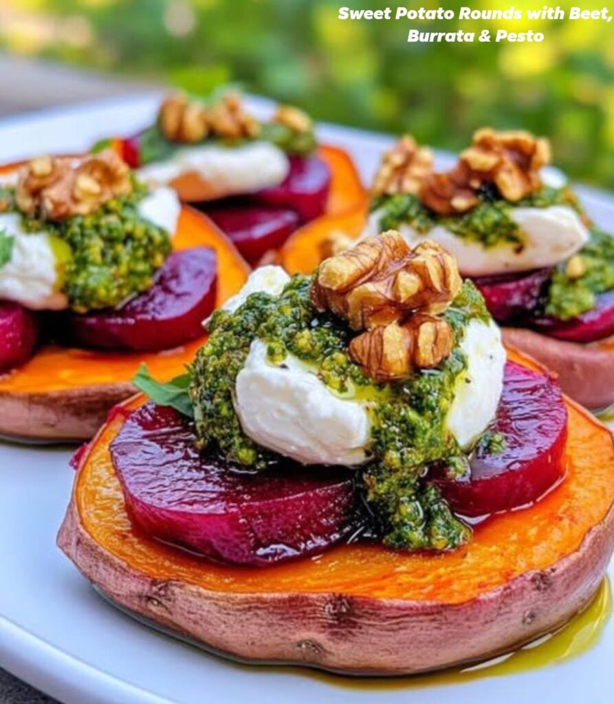 Sweet Potato Rounds with Beet, Burrata & Pesto (High-Protein, Colorful & Easy Appetizer)