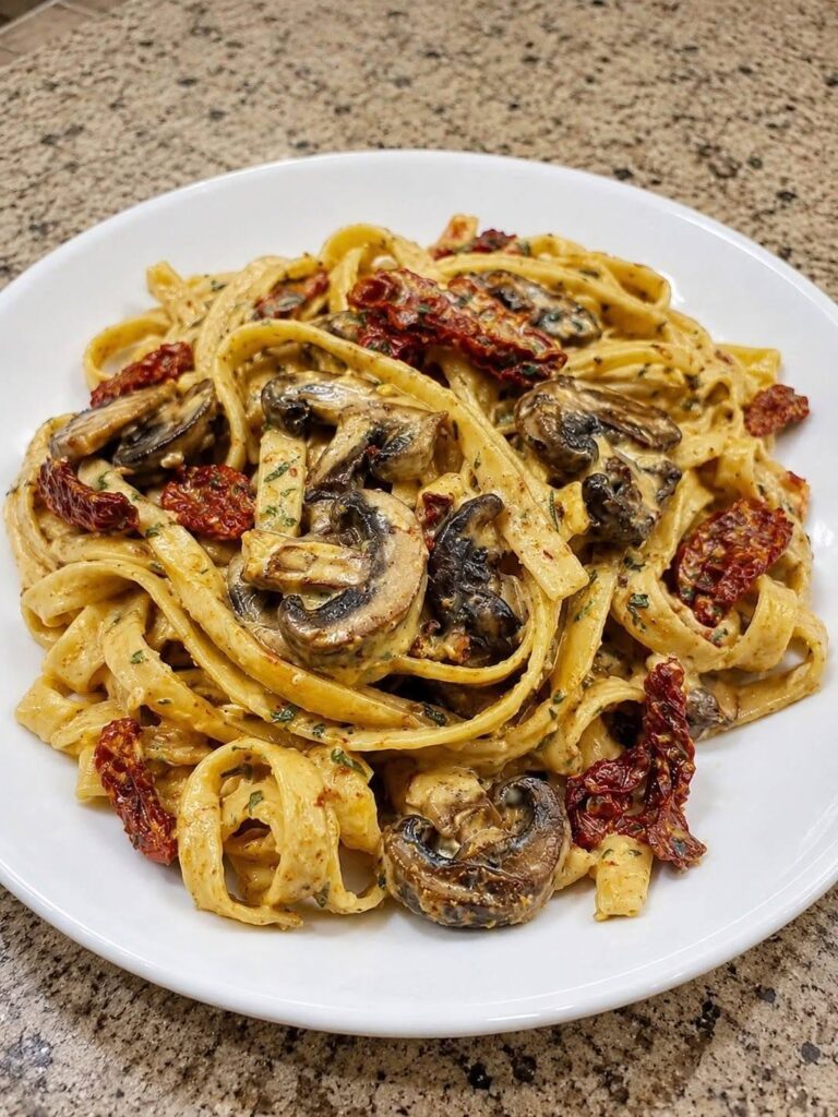 Vegan Sun-Dried Tomato and Mushroom Pasta in Garlic Basil Sauce πΏβ¨
