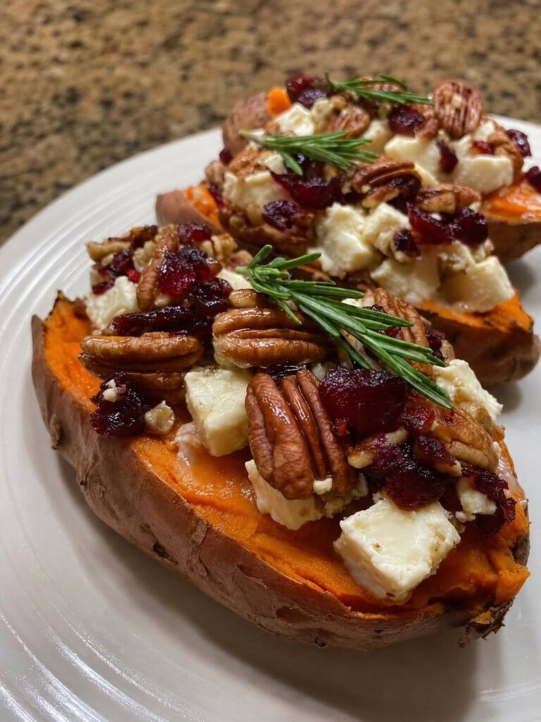 Vegan Maple Pecan & Vegan Brie Stuffed Sweet Potatoes with Cranberry Glaze