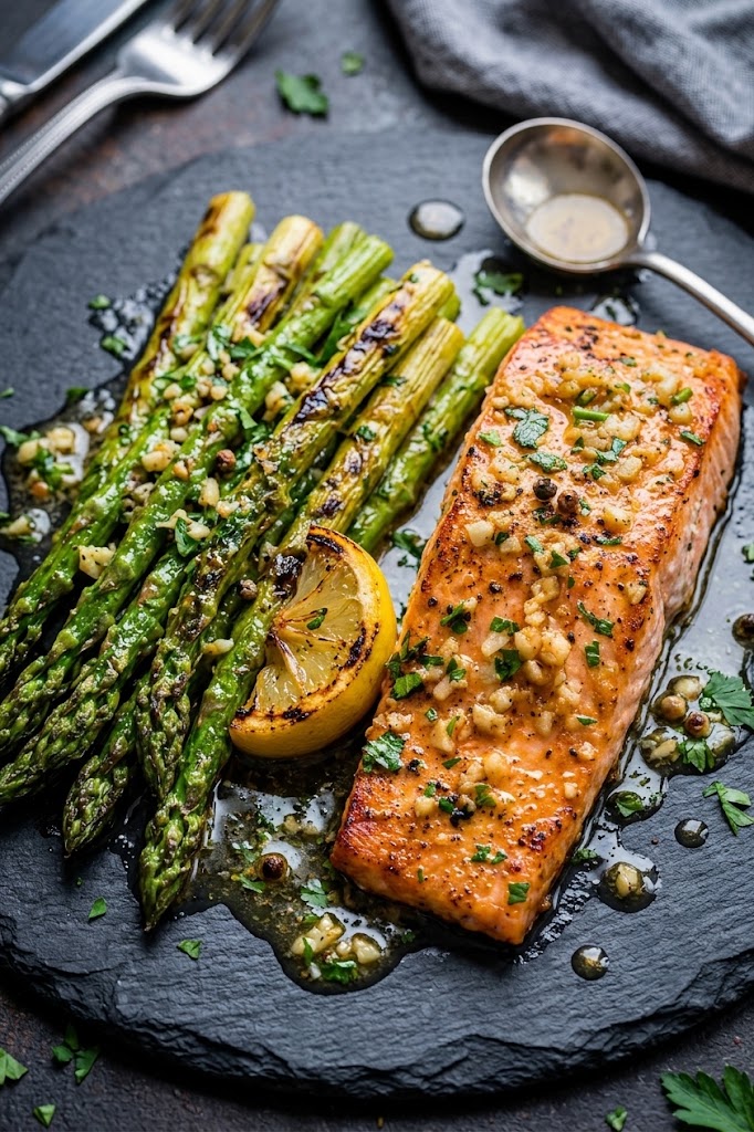 Baked Salmon in Foil with Asparagus and Lemon Garlic Sauce