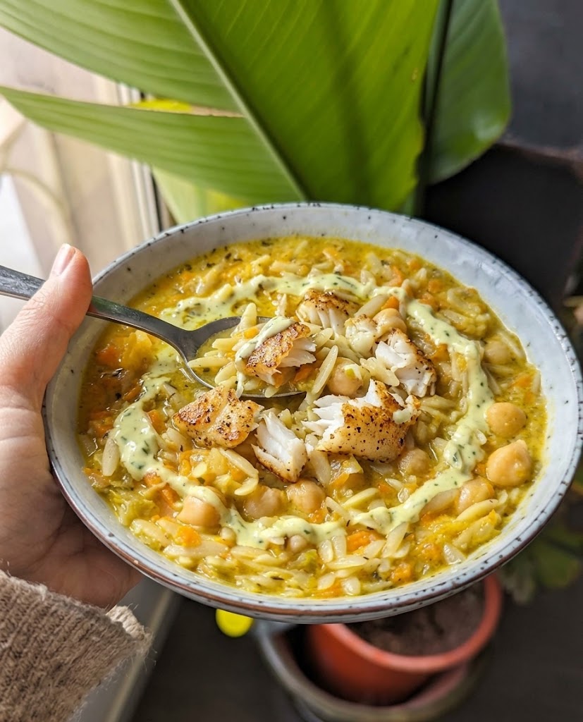 Lemon chickpea orzo soup.